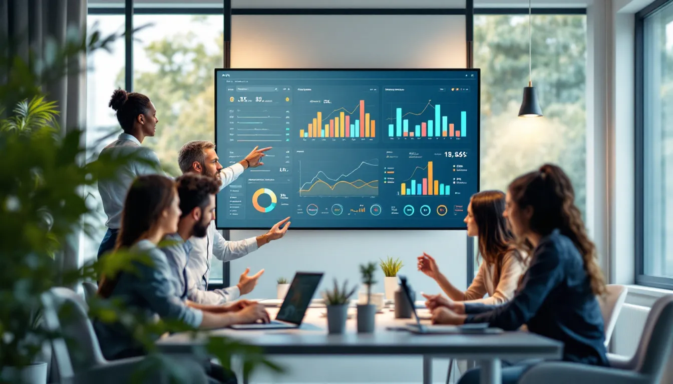 Espace de travail moderne avec tableaux de bord de performance