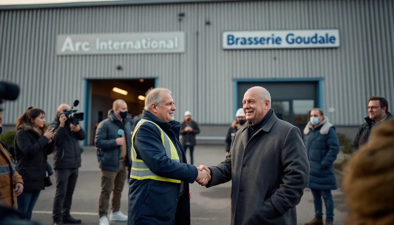 Bernard Cazeneuve saluant un salarié devant les façades d'Arc International et de la Brasserie Goudale à Arques