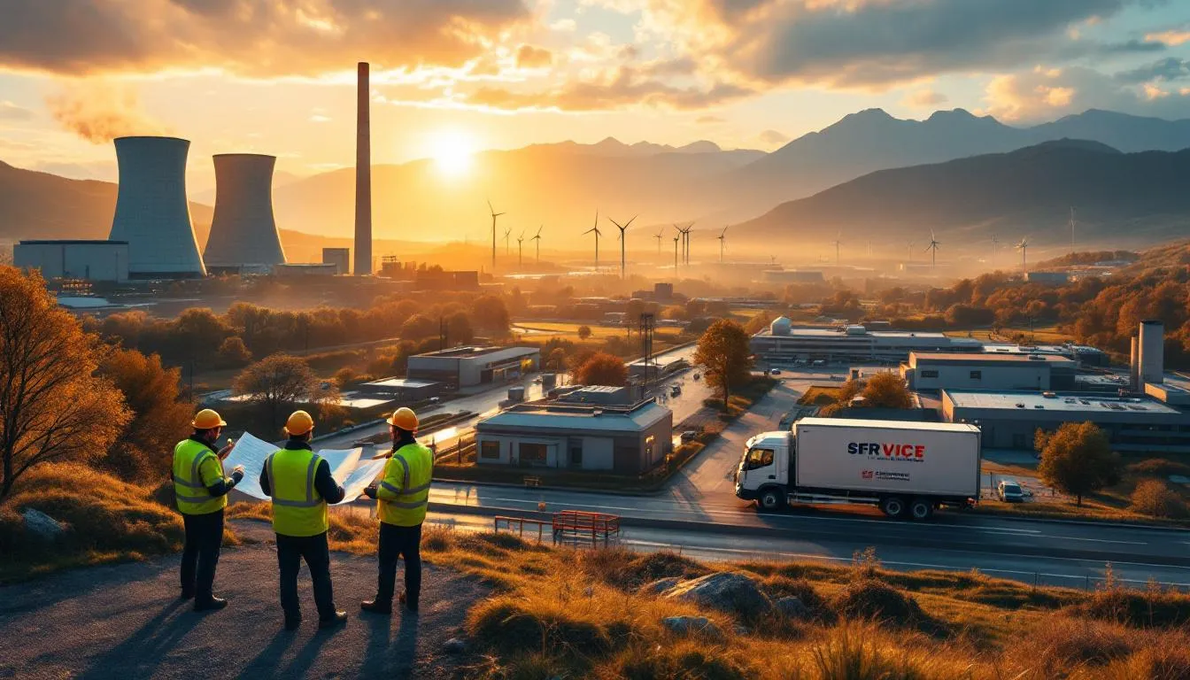 Vue éditoriale d'une centrale nucléaire et d'un parc industriel animé en Auvergne‑Rhône‑Alpes, avec techniciens et centre de formation au premier plan
