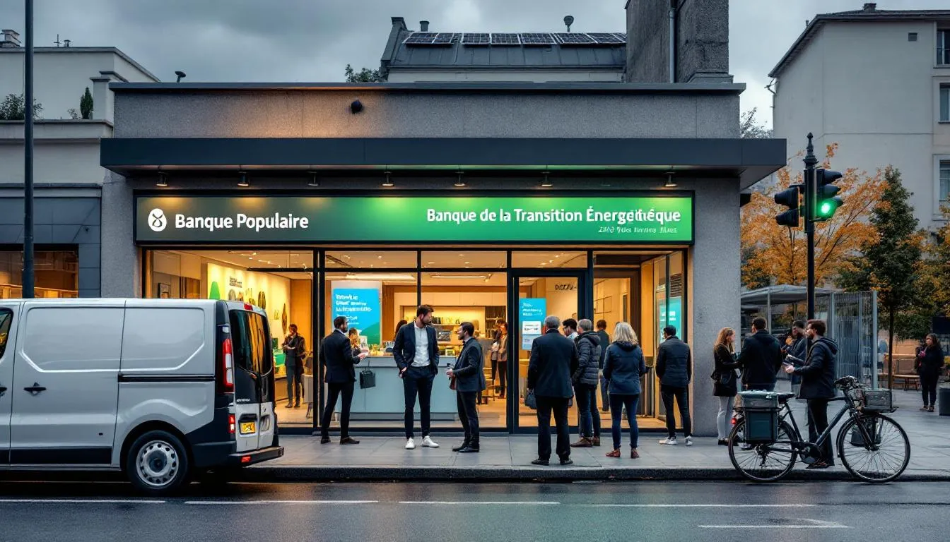 Façade d'agence Banque Populaire Auvergne‑Rhône‑Alpes, parvis animé avec clients et véhicule électrique