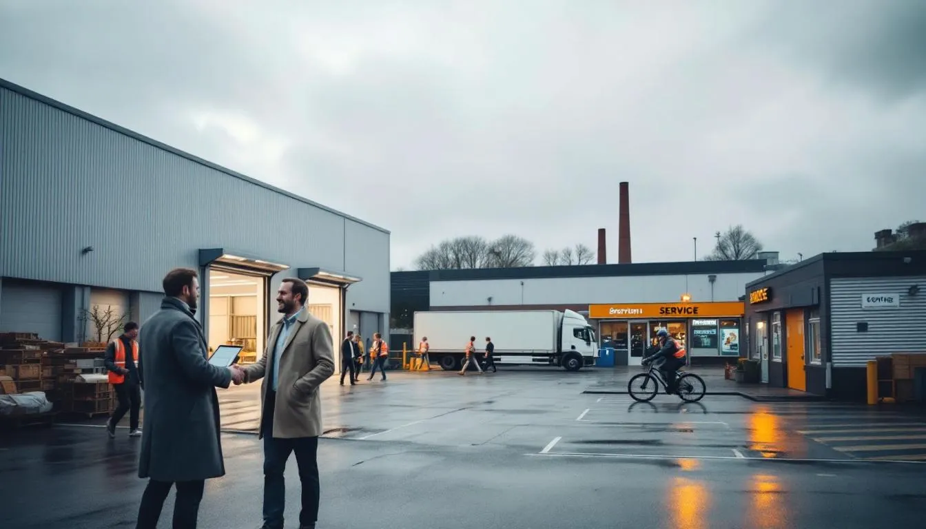 Vue piétonne d’un site industriel en Normandie avec dirigeants en discussion, ouvriers et camion de livraison, ambiance documentaire