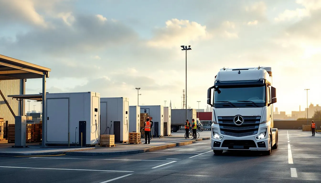 Tracteur électrique Mercedes‑Benz eActros 600 de RDV Transports en charge à la station Chargepoly au dépôt de Marck/Calais, vue large éditoriale