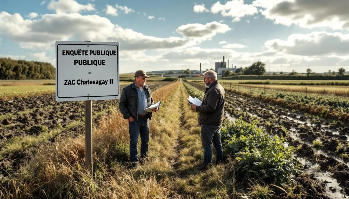 Propriétaires sur parcelle agricole à Domérat avec panneau d'enquête publique pour la ZAC Châteaugay II