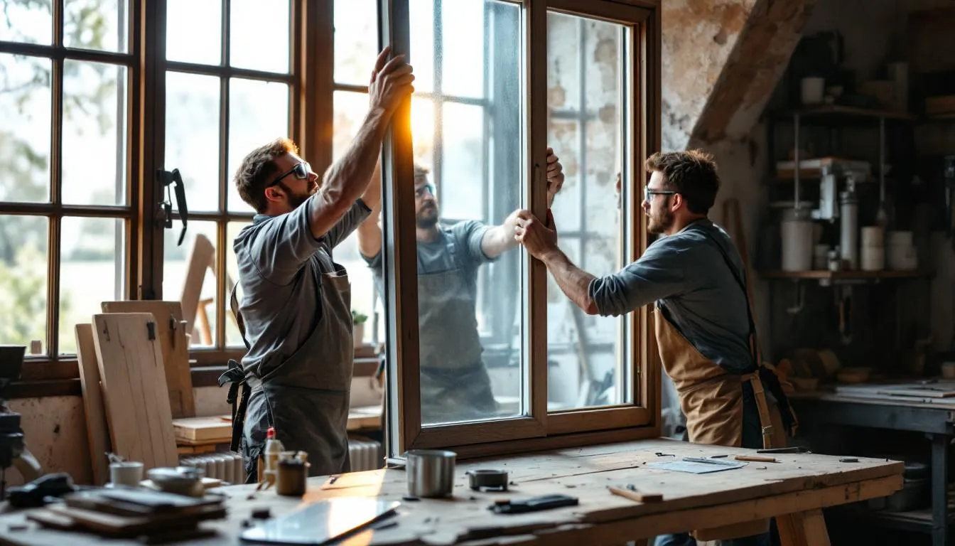 Atelier de menuiserie des Pays de la Loire posant une fenêtre anti‑effraction, ambiance documentaire