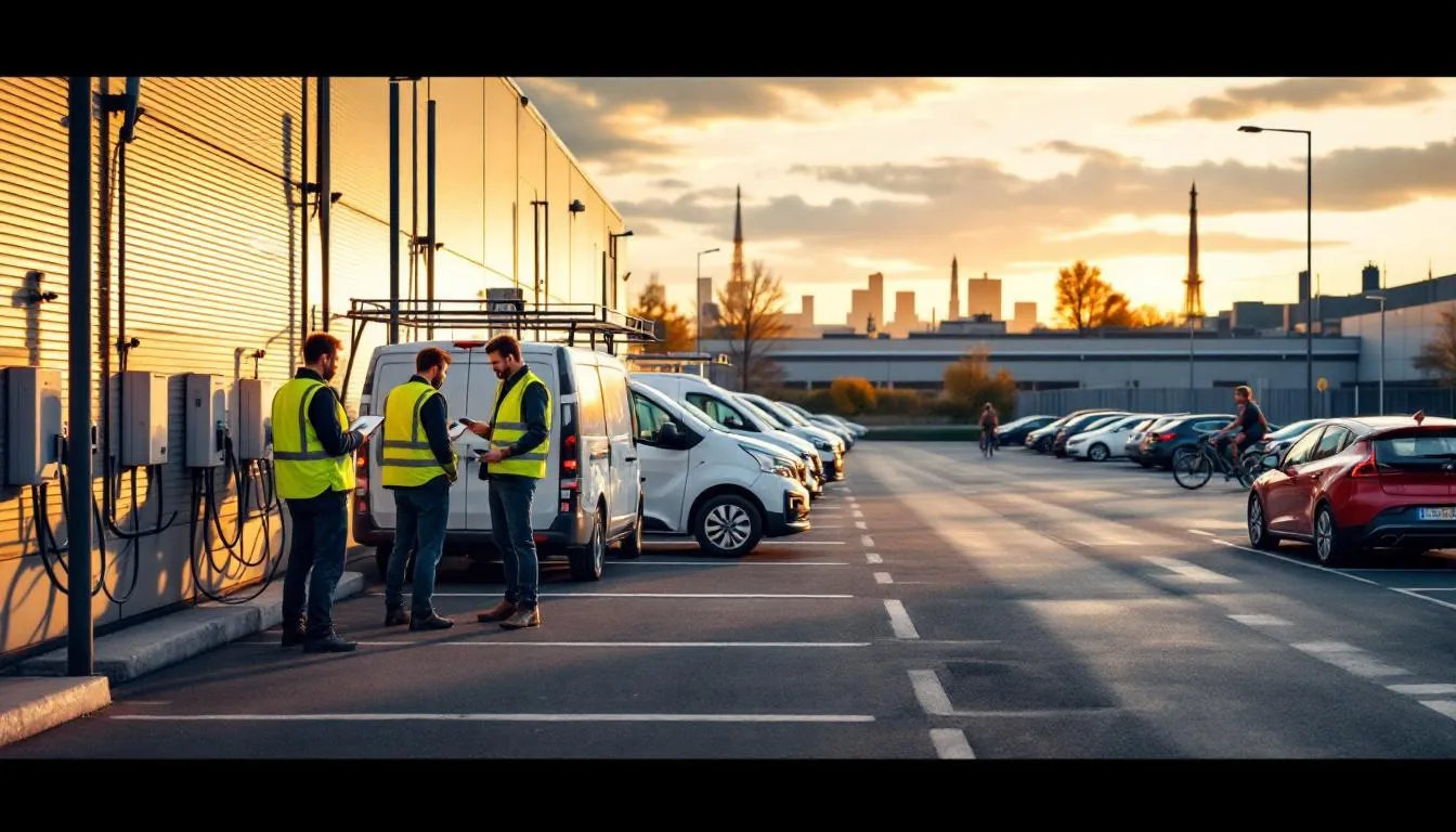 Parking industriel en Île-de-France avec flotte de véhicules électriques en recharge et techniciens vérifiant un tableau sur tablette