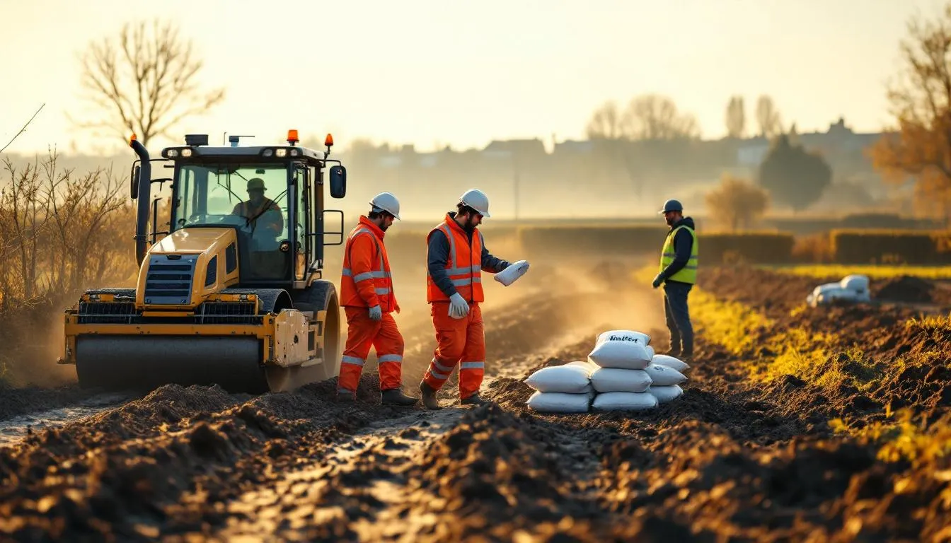 Chantier dans le Grand Est : application du liant bas‑carbone BioCiTer inspiré des termites, ouvriers en gilets haute visibilité et compacteur sur sol stabilisé