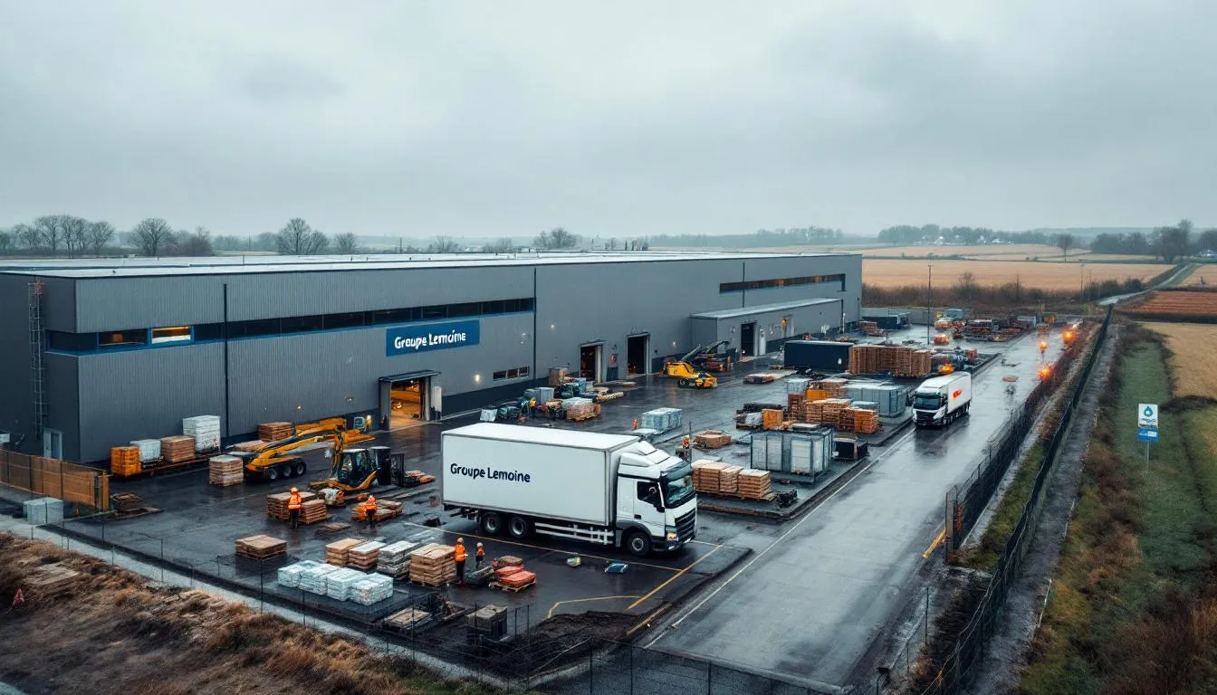 Chantier de l'usine du Groupe Lemoine à Argentan, façade industrielle en construction et ouvriers en gilets haute visibilité
