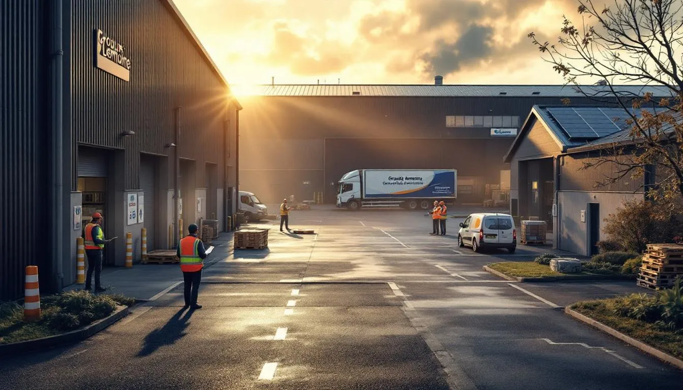Usine de produits d'hygiène du Groupe Lemoine à Argentan, façade réhabilitée et parvis animé au petit matin