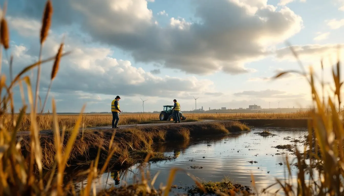 Zones humides et bassin de rétention en Hauts‑de‑France, techniciens en gilet près de l'eau, silhouette industrielle à l'arrière‑plan