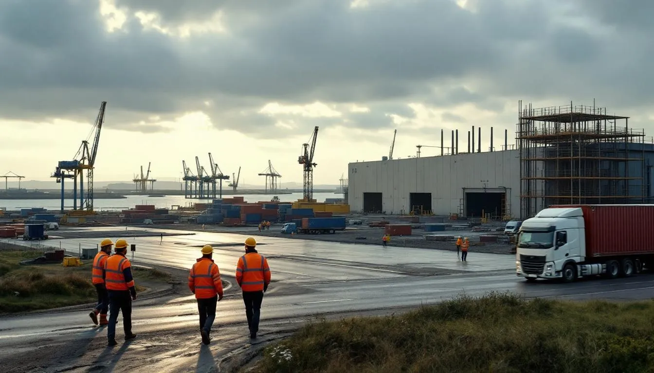 Chantier de réindustrialisation à Dunkerque : ouvriers en gilets réfléchissants, hall industriel et grues du port en arrière-plan