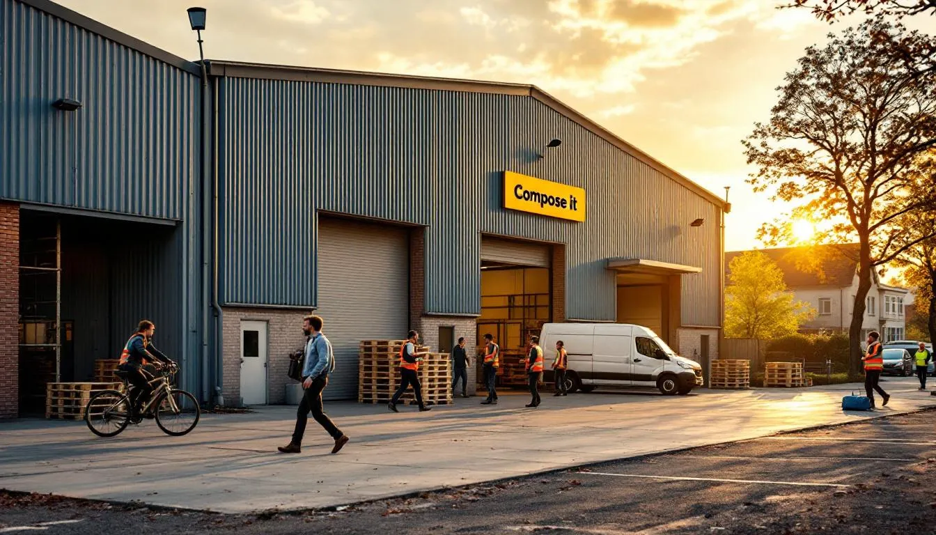 Parvis d'une usine rénovée à La Ferté‑Gaucher, employés et livraison au crépuscule