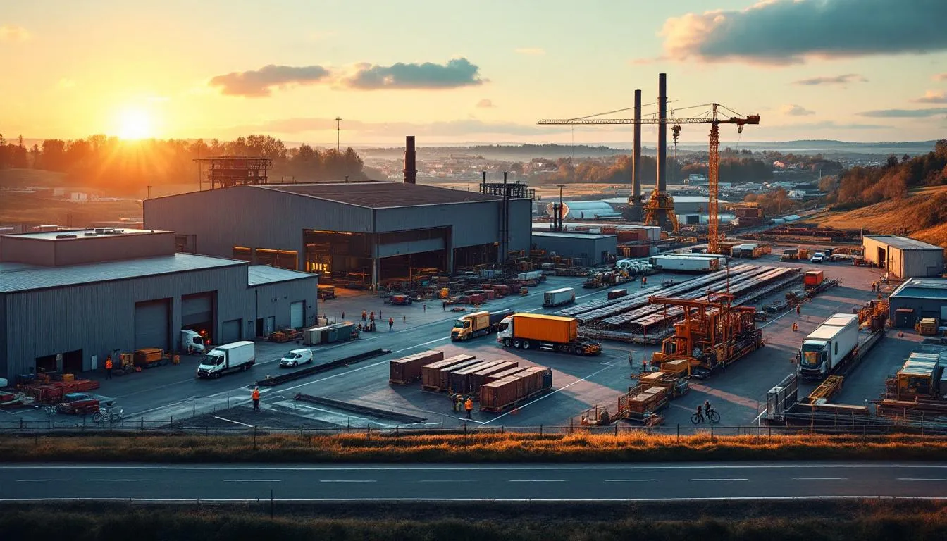 Paysage industriel de Lorraine à l'heure dorée : usine, panneaux photovoltaïques et ouvriers en haute visibilité