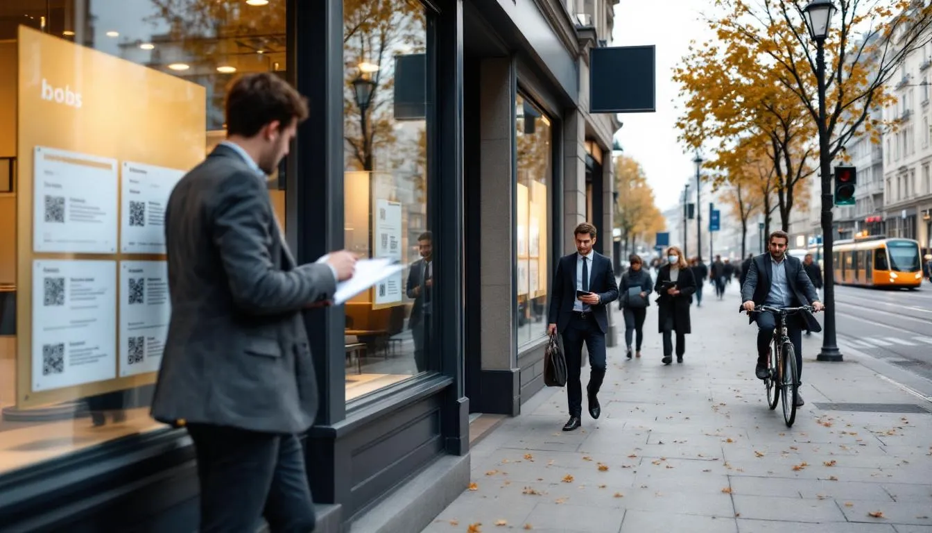 Vitrine de banque à Lyon avec offres d'emploi affichées et professionnels en déplacement