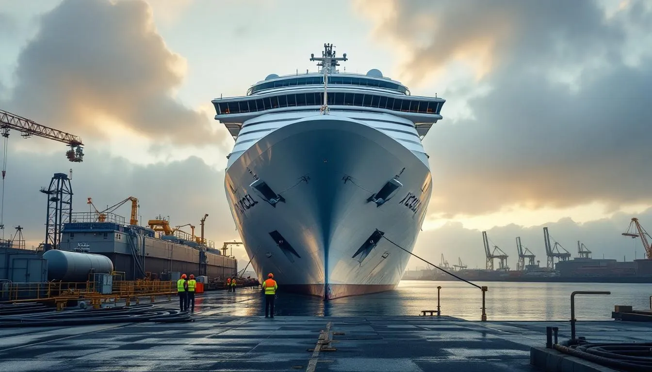 Paquebot Celebrity Xcel à Saint‑Nazaire, cuves et tuyaux de transfert préparés pour le méthanol, techniciens en intervention