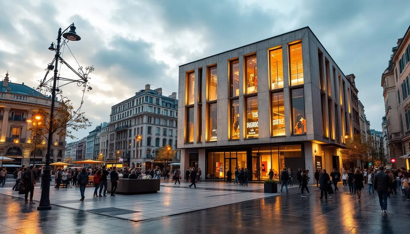 Parvis d'un théâtre contemporain à Lyon, rassemblement calme avec banderoles "149 000 €" après la décision de justice