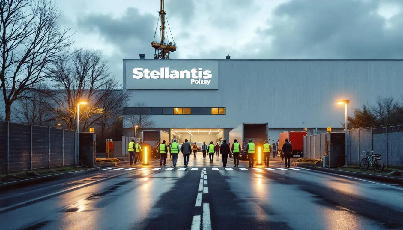 Entrée de l'usine Stellantis à Poissy, ouvriers en gilets de sécurité marchant vers l'usine pendant un arrêt de production
