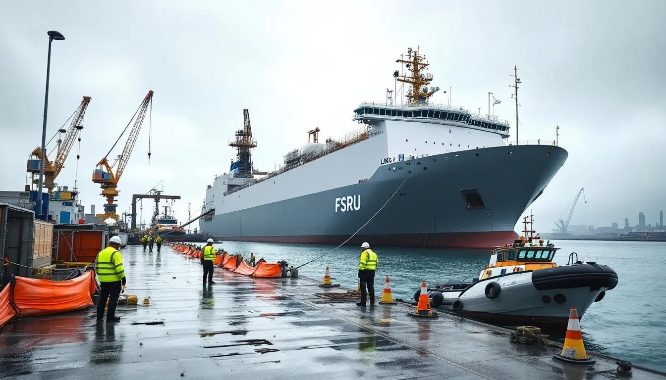 Terminal méthanier flottant amarré au Havre, port et grues lors de préparation au démantèlement