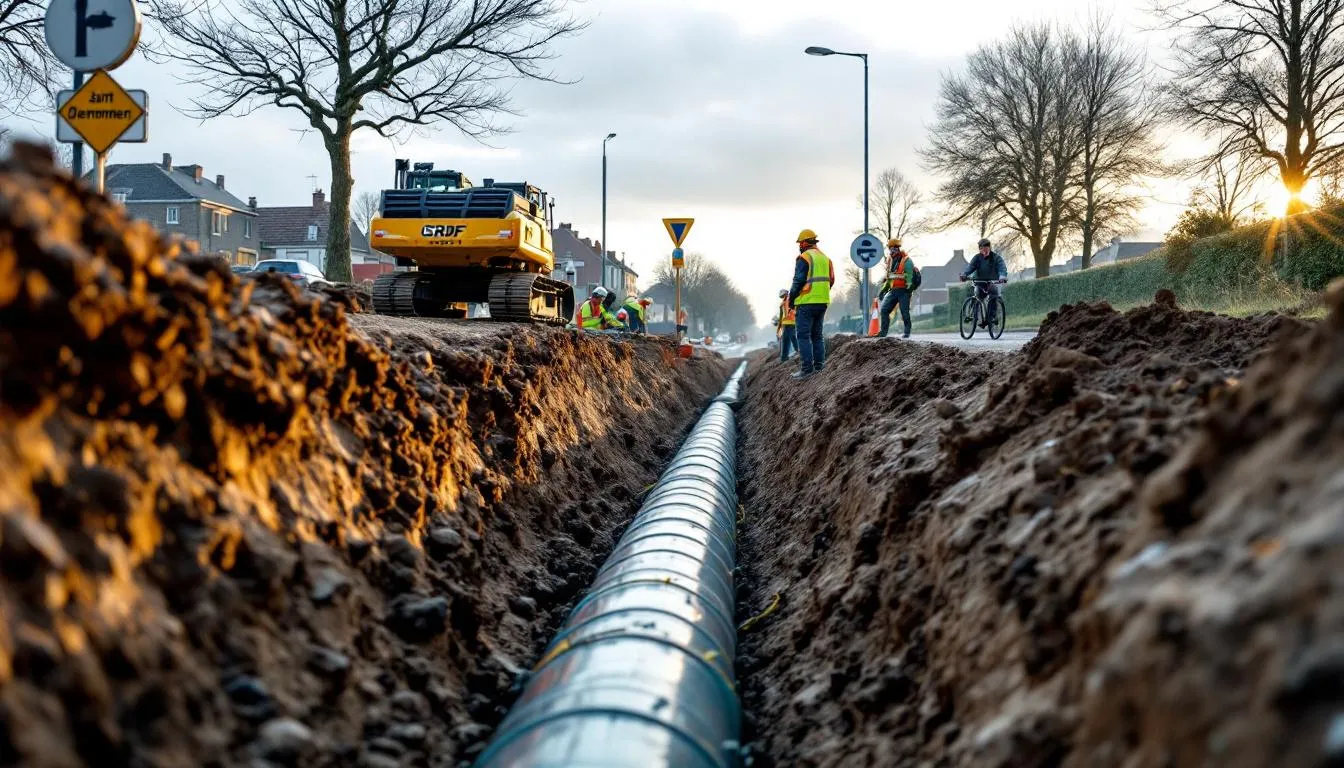 Chantier GRDF à Saint-Germain : pose de canalisation pré-enrubannée, ouvriers en gilets fluorescents et engins