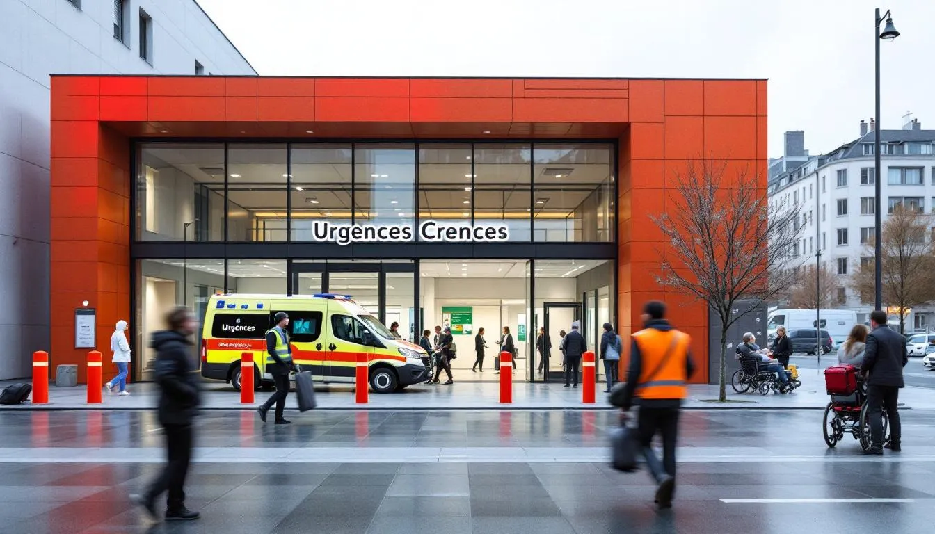 Entrée des urgences de Creil, parvis animé avec ambulances et personnel soignant
