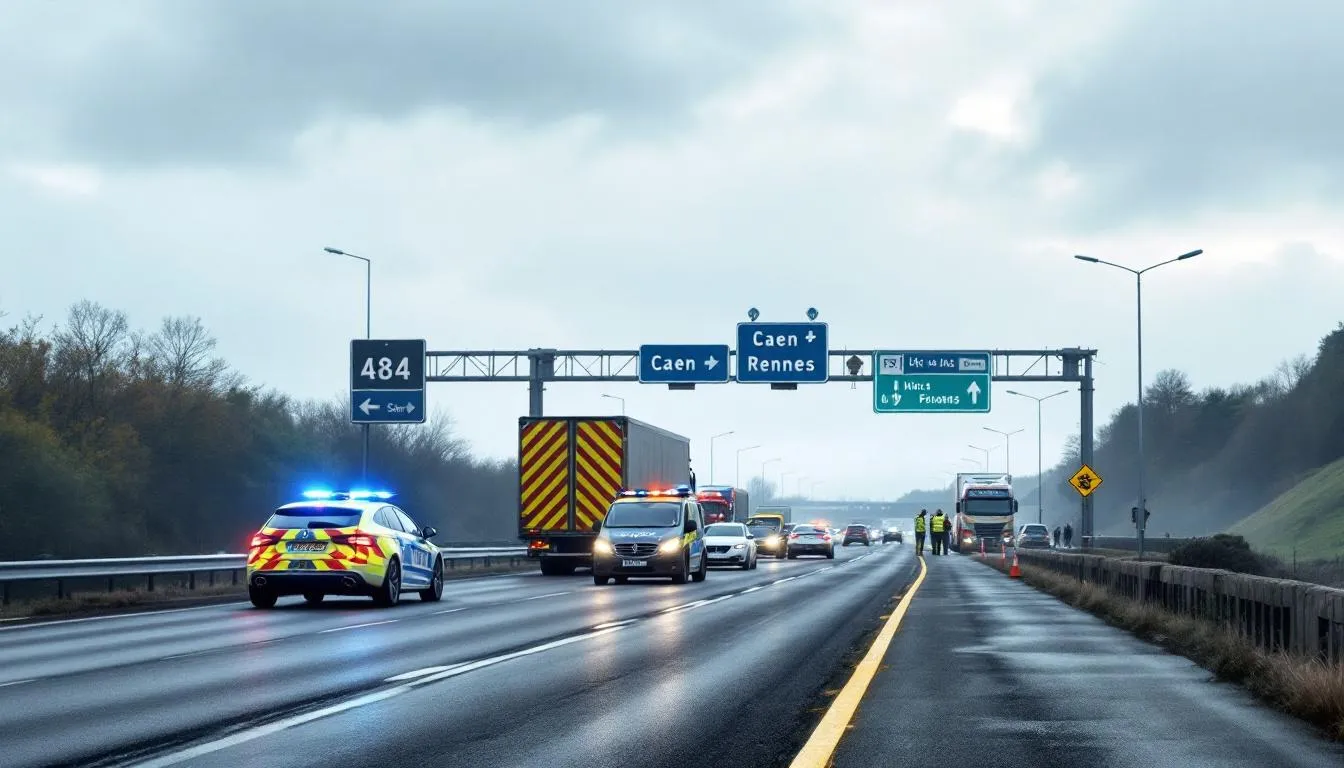 Fermeture de l'A84 à Guilberville : véhicules de secours, cones et files de véhicules déviés