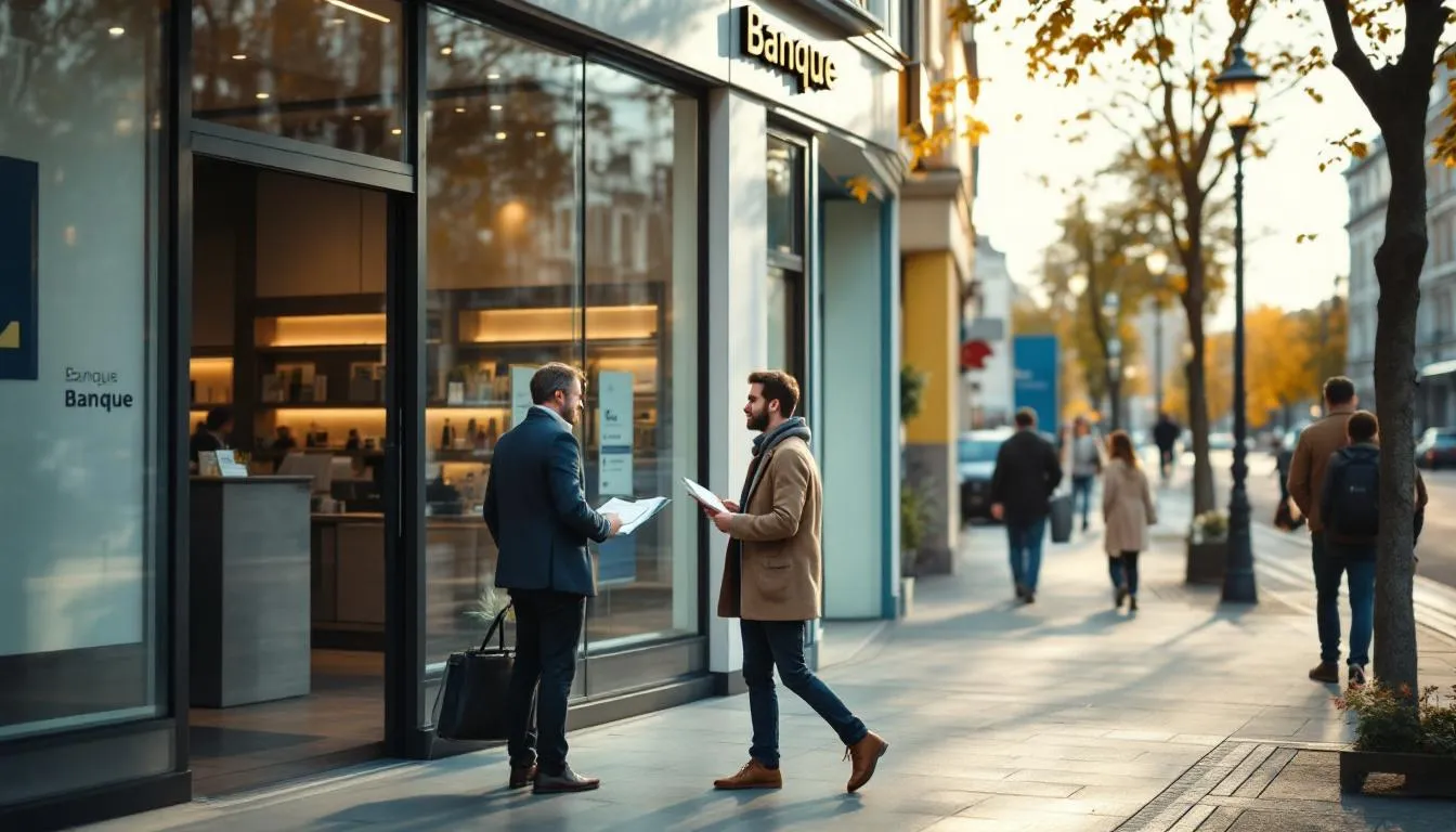 Conseiller et client devant une agence bancaire du Grand Est, discussion autour d'un contrat et documents