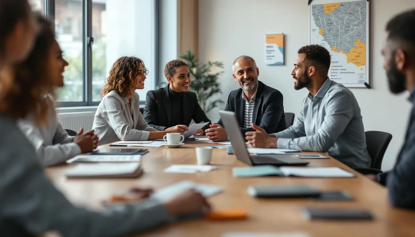 Réunion de dialogue social en Auvergne‑Rhône‑Alpes : managers, élus CSE et médiateur autour d’une table