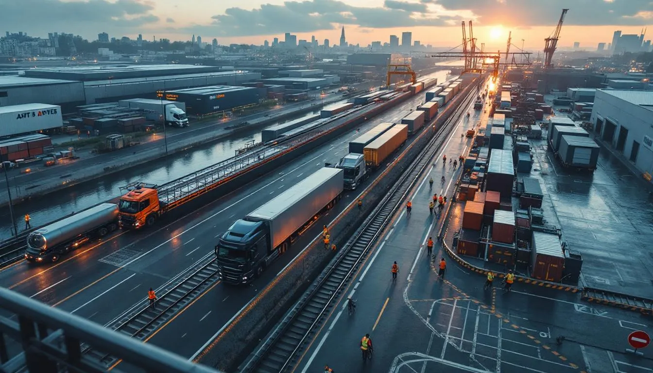Terminal multimodal en Île‑de‑France — barges sur la Seine, trains et camions électriques en activité, parvis logistique animé