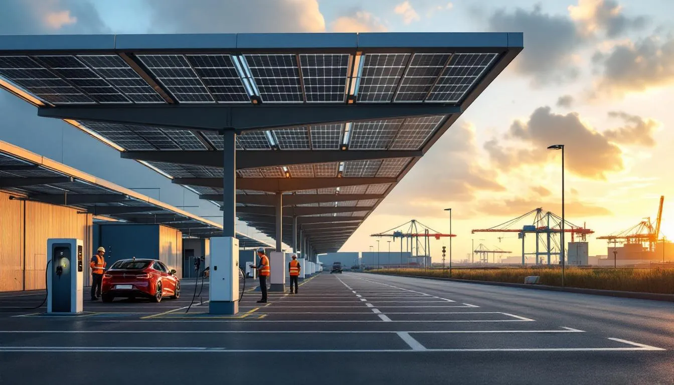 Ombrière photovoltaïque sur le parking d'Aluminium Dunkerque avec panneaux solaires, bornes de recharge et techniciens en intervention