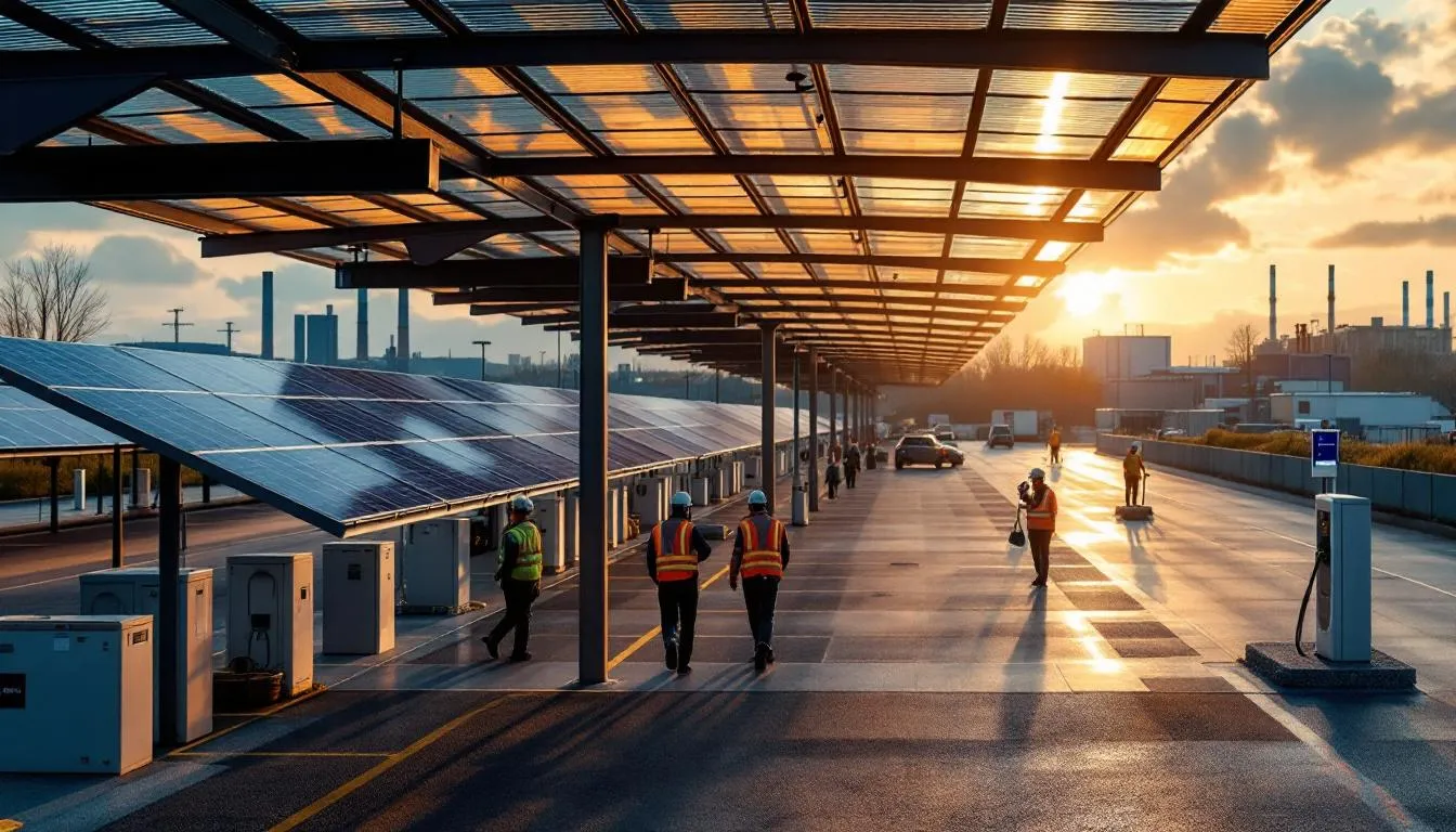 Ombrières photovoltaïques sur le parking d'Aluminium Dunkerque avec ouvriers et bornes de recharge