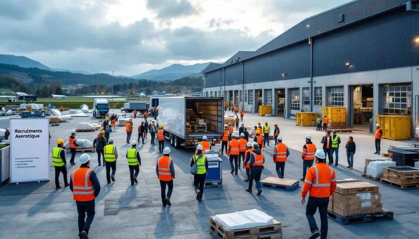 Usine aéronautique en Auvergne‑Rhône‑Alpes, parvis animé lors d'une journée de recrutement