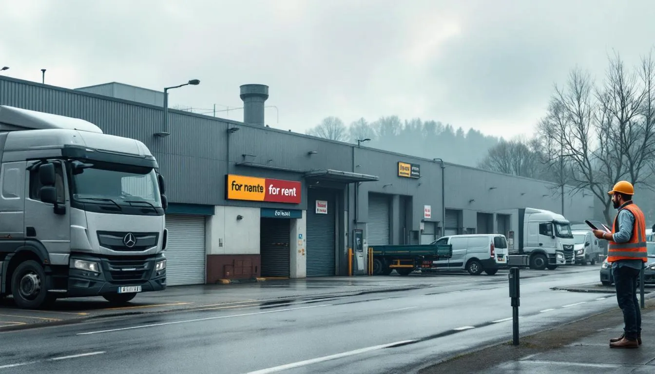 Entrepôt régional, camions de fret et commerces vides symbolisant la hausse des défaillances d'entreprises en Auvergne‑Rhône‑Alpes