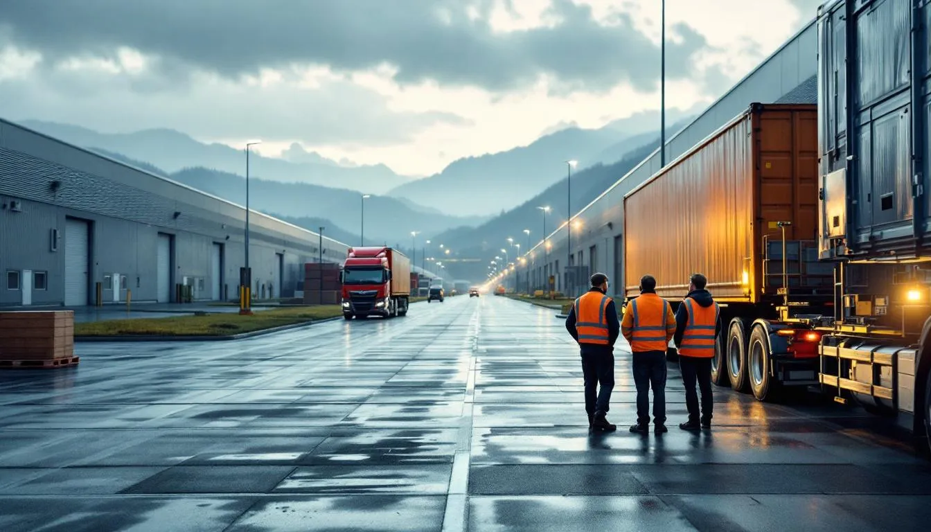 Zone industrielle en Auvergne-Rhône-Alpes : entrepôts fermés, camions à l'arrêt et employés en gilets, ambiance grise et documentaire