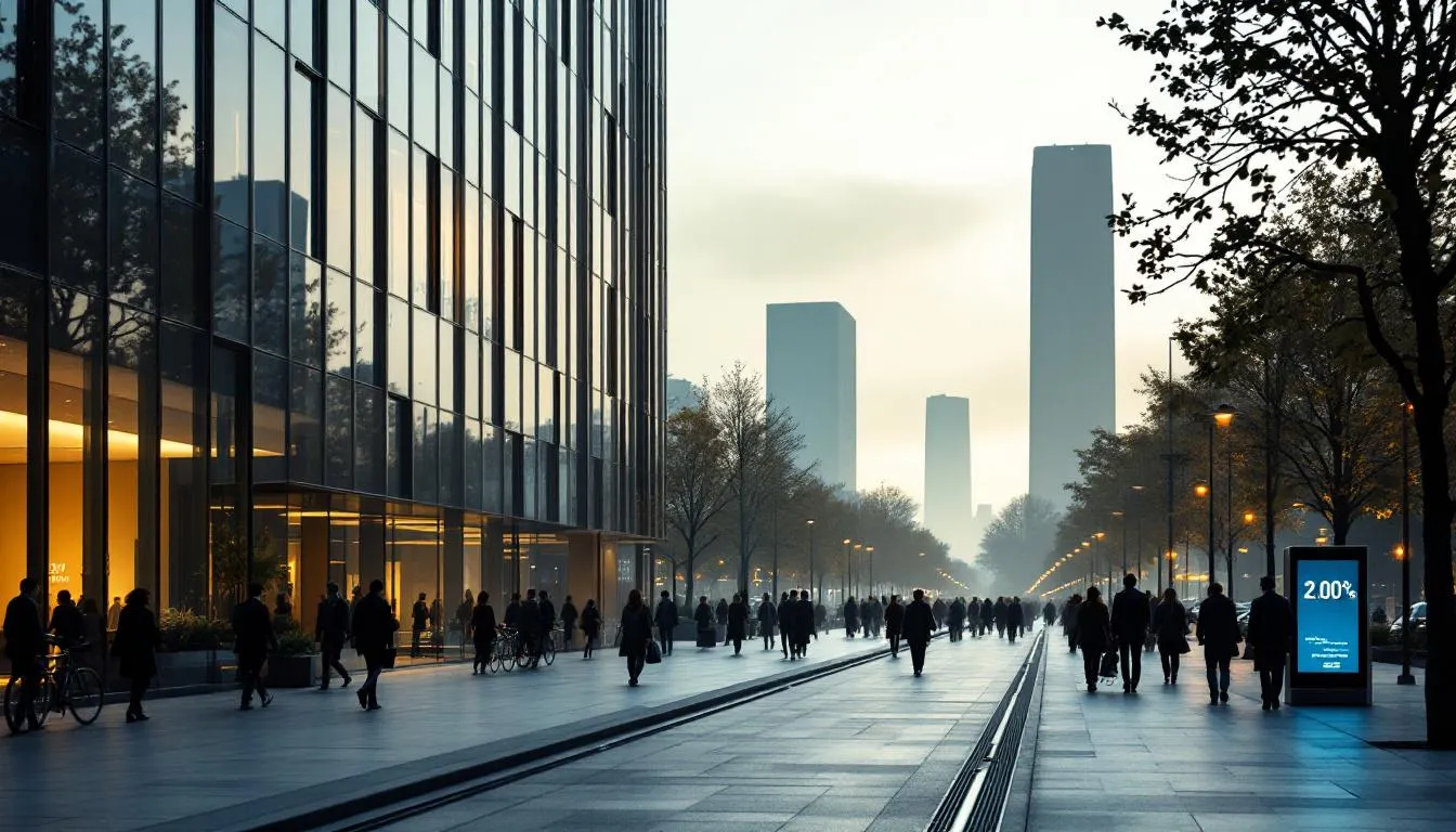 Parvis urbain avec façade vitrée d'un bâtiment financier et panorama de La Défense, parvis animé et affichage discret «2,00 %»