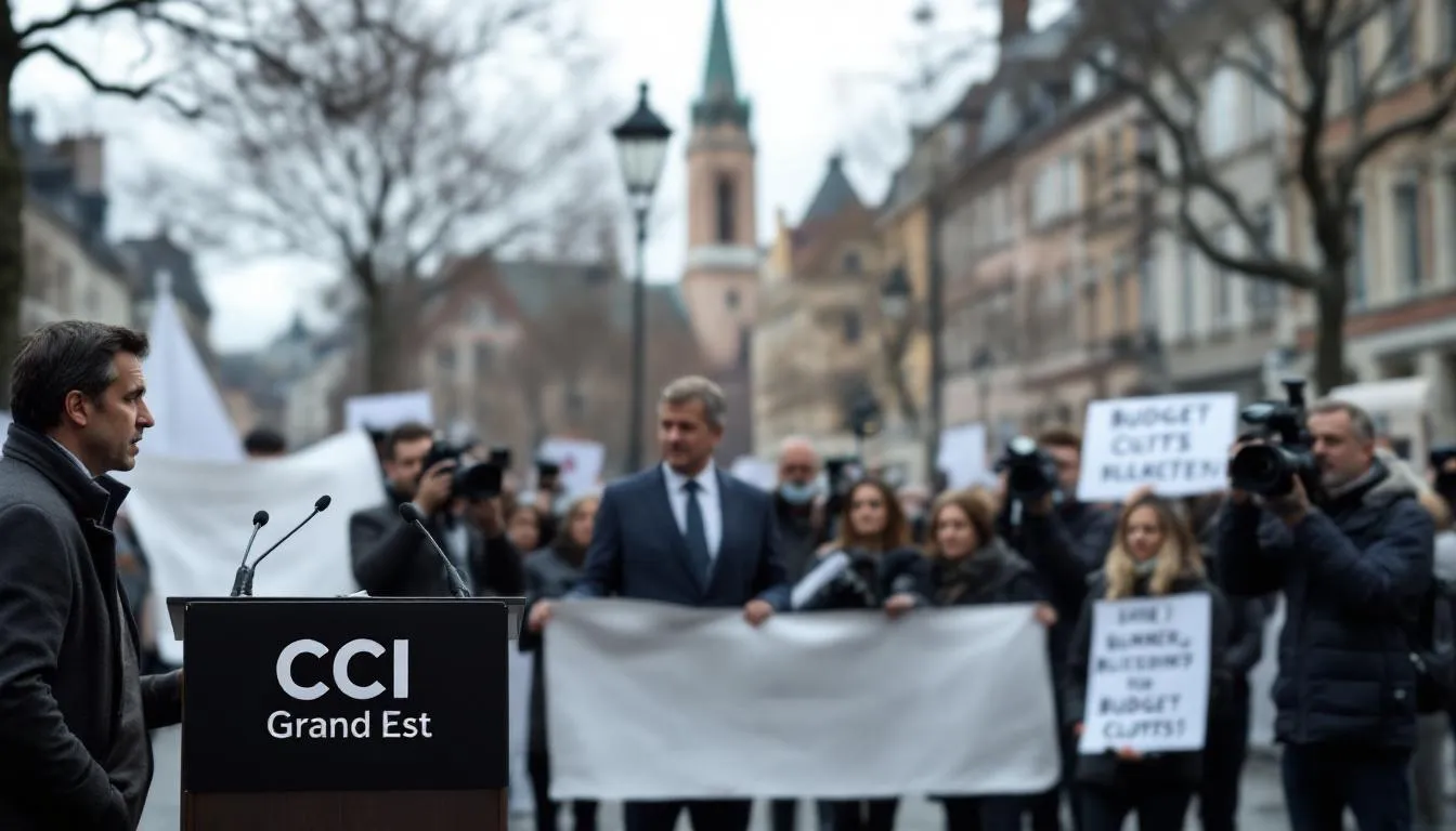 Prise de parole de la CCI Grand Est sur un parvis à Strasbourg, président au pupitre et manifestants avec pancartes