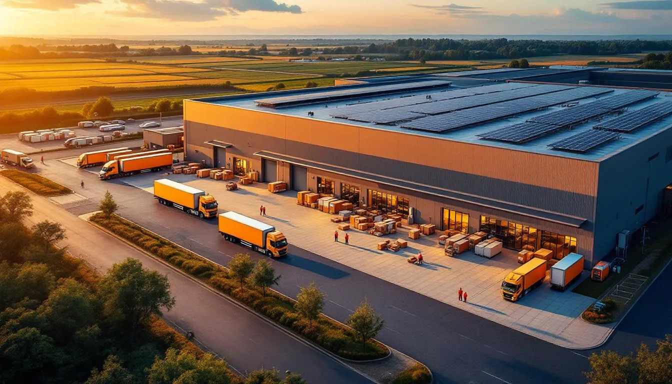 Plateforme Colissimo à Gondreville près de Toul : façade, quais de chargement, camions et panneaux photovoltaïques, parvis animé