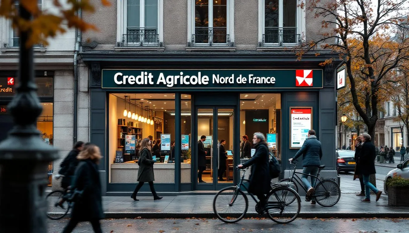 Façade d'une agence Crédit Agricole Nord de France, parvis animé en automne, clients et cyclistes