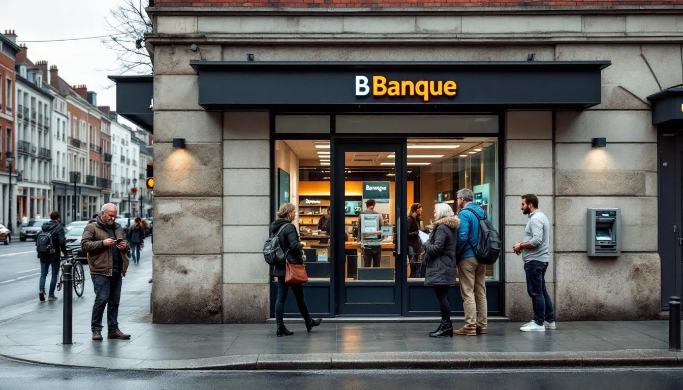 Façade d'une agence bancaire en Grand Est, parvis animé avec clients et employé visible à travers la vitrine