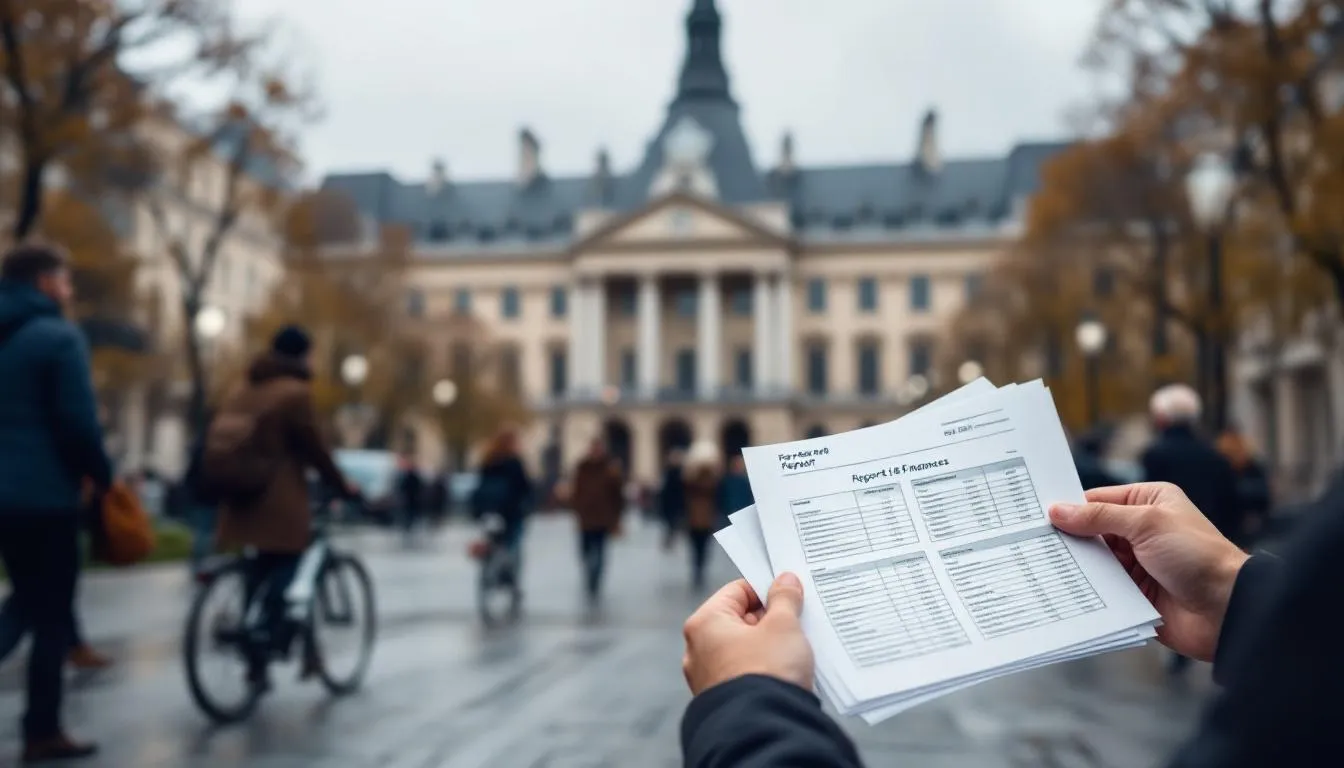 Parvis de l'Hôtel de Ville de Paris, mains tenant un rapport financier au premier plan, parvis animé et ciel gris