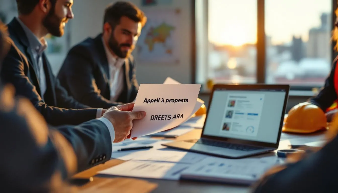 Réunion partenariale avec dossier 'Appel à projets — DREETS ARA' sur une table, laptop et casque de sécurité