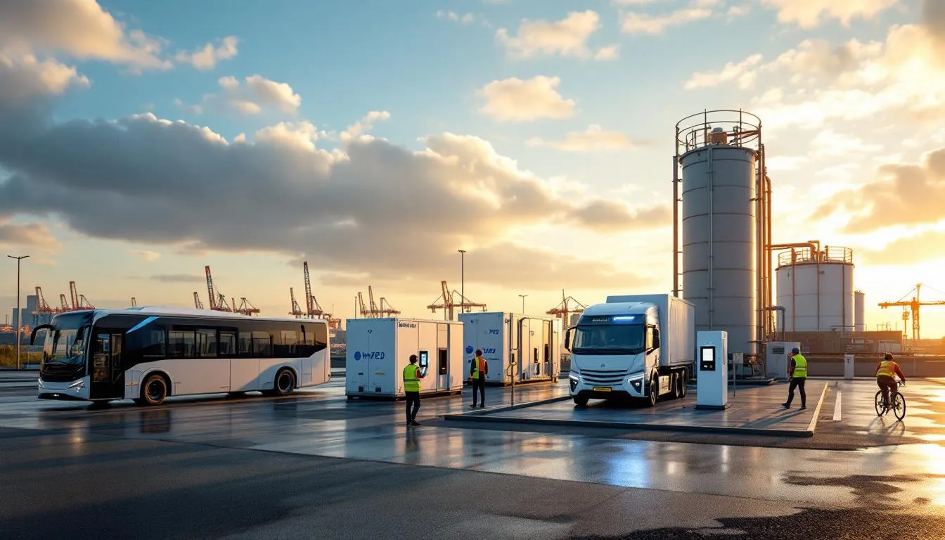 Station SHYMED à Petite‑Synthe — électrolyseur, bus en ravitaillement et techniciens sur parvis industriel