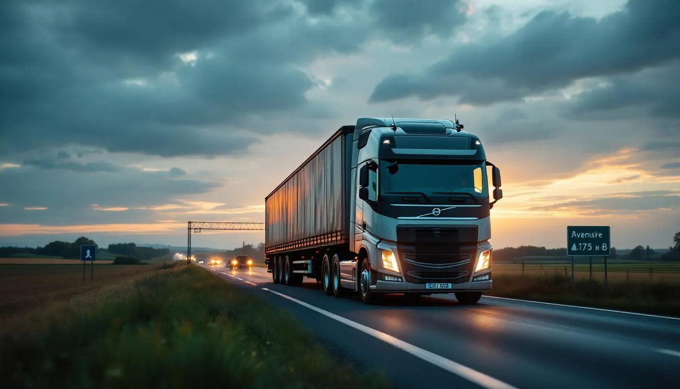 Poids lourd sur une route nationale du Grand Est au crépuscule, transporteurs en gilet et paysage rural en arrière-plan
