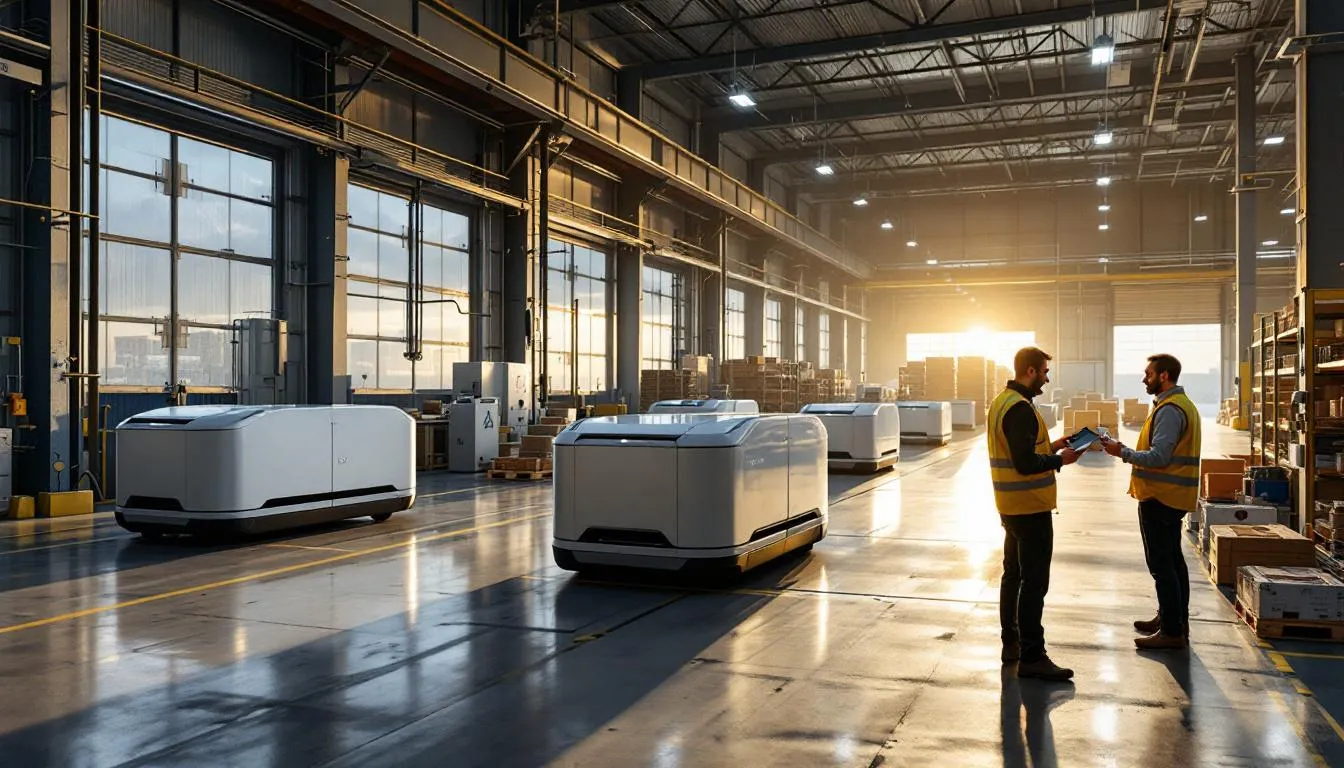 Site industriel Exotec à Croix (Lille) avec robots Skypod Next‑Gen et techniciens en intervention, vue panoramique éditoriale