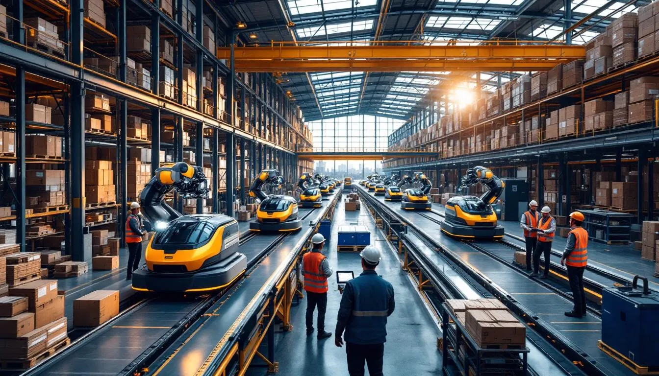 Intérieur d'entrepôt à Croix (Lille) avec Skypod Next‑Gen en fonctionnement et opérateurs en gilets de sécurité