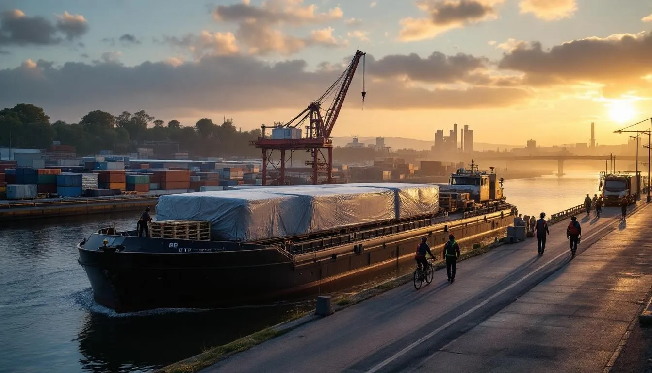 Barge de fret sur le Rhône et quai portuaire animé au coucher du soleil