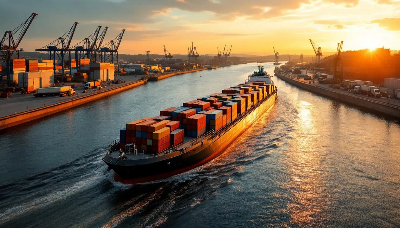 Barge de fret sur le Rhône au petit matin, quais portuaires et grues en activité