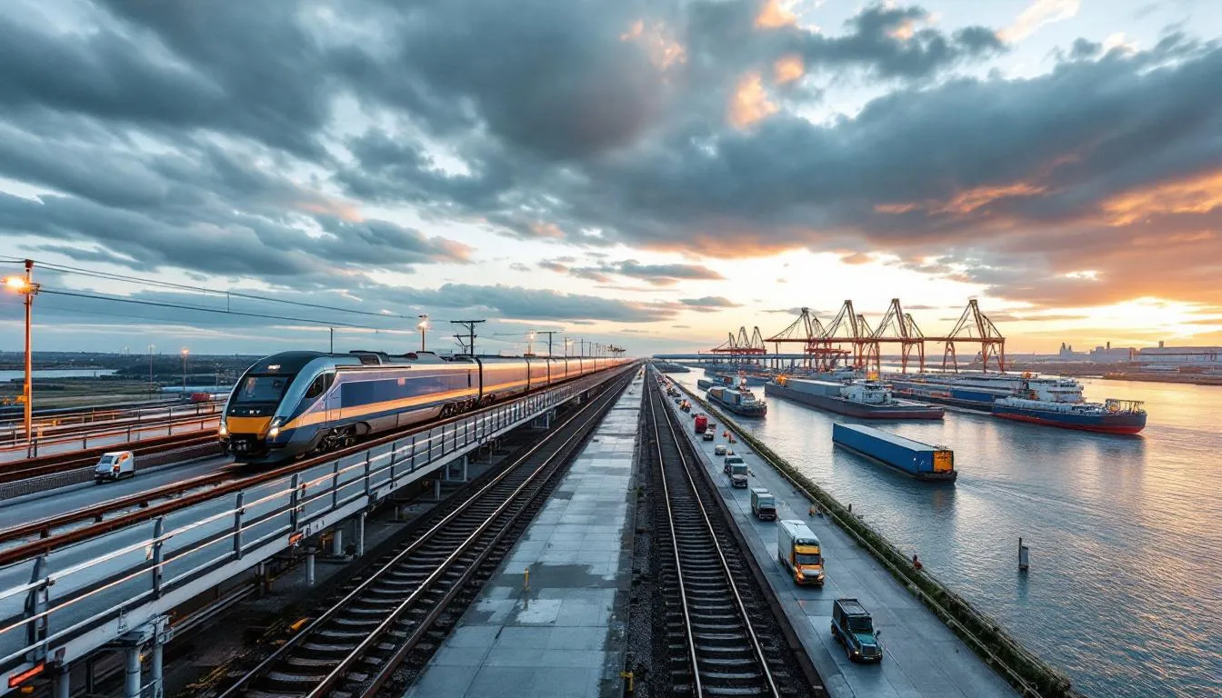 Plateforme multimodale du Grand Est avec train de fret, barge et camions en activité