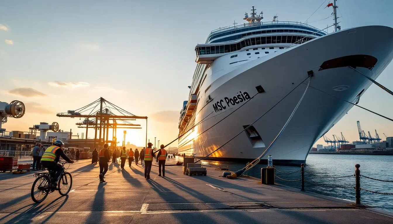 HAROPA Port – MSC Poesia connecté à quai au Havre, techniciens branchant le câble électrique