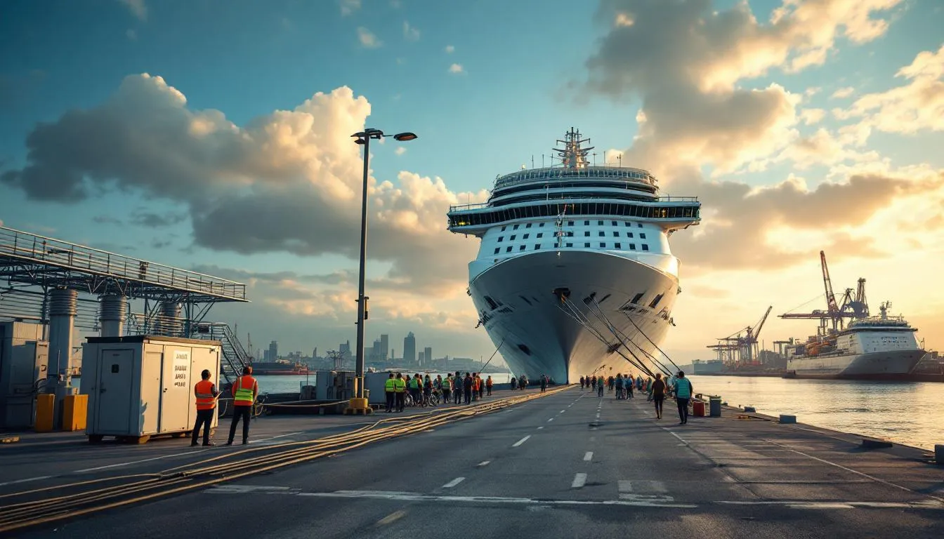 Prise électrique à quai au Havre : paquebot connecté au réseau HAROPA, câble haute tension et techniciens en gilets