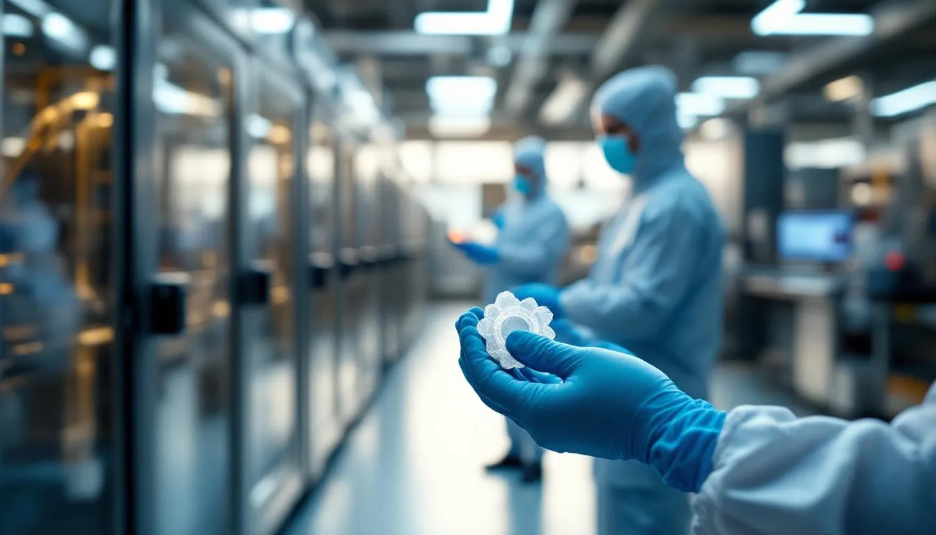 Salle propre : techniciens examinant un implant 3D résorbable — production Lattice Medical près de Lille
