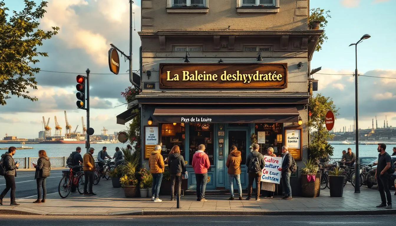 Façade du café 'La Baleine déshydratée' à l'heure dorée, parvis animé et banderoles de soutien